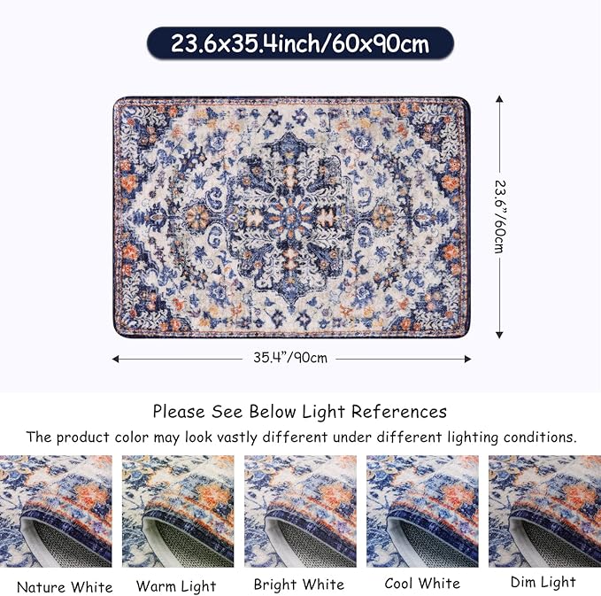 Lahome Bohemian Floral Medallion Area Rug - 2x3 Blue Small Kitchen Rug Machine Washable Front Door Rug, Soft Non Slip Indoor Floor Throw Carept for Bedroom Bathroom Mud Room Entry Way