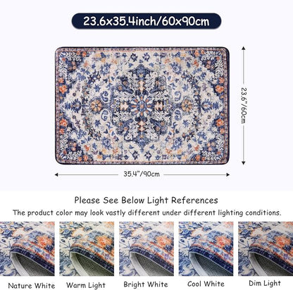 Lahome Bohemian Floral Medallion Area Rug - 2x3 Blue Small Kitchen Rug Machine Washable Front Door Rug, Soft Non Slip Indoor Floor Throw Carept for Bedroom Bathroom Mud Room Entry Way