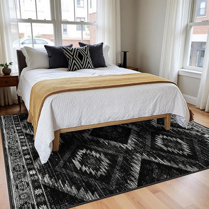 Area Rug 10x12 Rug Machine Washable Non-Slip Low Pile Print Pattern Western Rug for Living Room Bedroom Entryway Tribal Series-Black