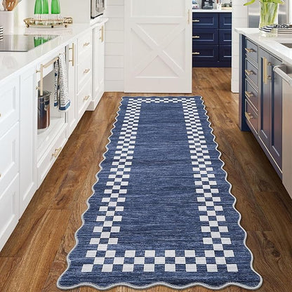 GarveeHome Hallway Runner Rug 2x6 Non Slip Scalloped Washable Rug for Kitchen Entry Stain Resistant Modern Border Throw Floor Carpet Long Runner Mat for Bathroom Living Room Bedside, Blue
