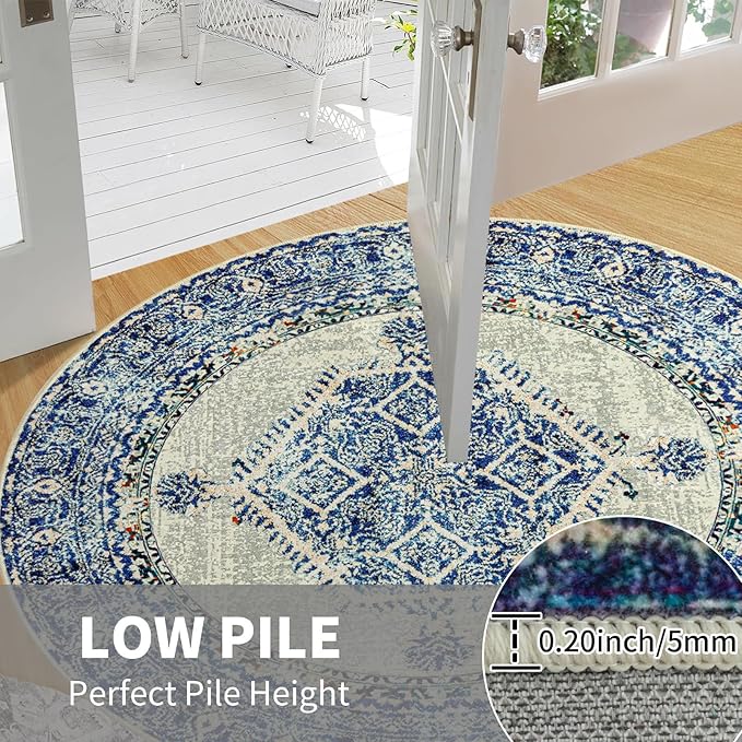 Easy-Going Round Area Rug 3ft Washable Boho Small Circle Rugs for Living Room Non-Slip Bedroom Rug Low Pile Lightweight Vintage Distressed Throw Rug for Dining Room Kitchen Home Office, Blue Cream