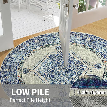 Easy-Going Round Area Rug 3ft Washable Boho Small Circle Rugs for Living Room Non-Slip Bedroom Rug Low Pile Lightweight Vintage Distressed Throw Rug for Dining Room Kitchen Home Office, Blue Cream