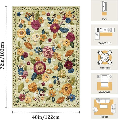 4x6 Machine Washable Area Rug for Living Room, Green Vintage Boho Floral Rug Large Non-Slip Low Pile Soft Faux Wool Carpet, Kids and Pets Friendly for Bedroom Dining Room Farmhouse Home Decor Rug