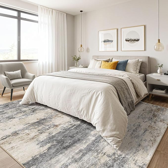 10x14 Area Rugs Living Room: Washable Large Abstract Modern Soft Rug Stain Resistant Indoor Floor Non Slip Accent Carpet for Bedroom Nursery Playroom Office Dining Room Dorm Home House- Gray Brown