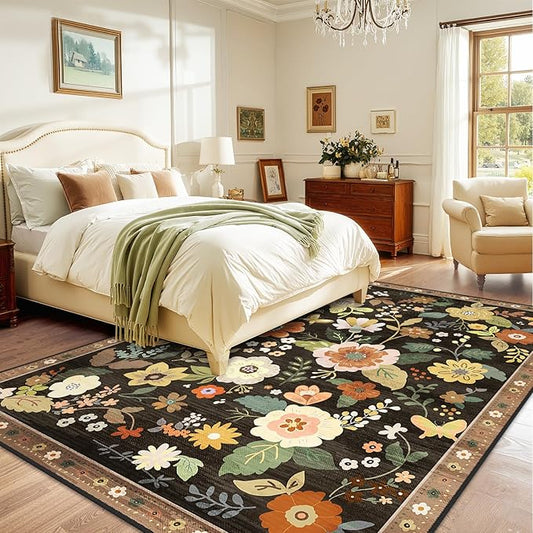 Floral 9x12 Area Rug Machine Washable Soft Print Boho Carpet Non Slip Doormat Low Pile Flower Area Rugs for Living Room Bedroom Nursery Kitchen Dining Room Indoor-Black/Yellow/Red