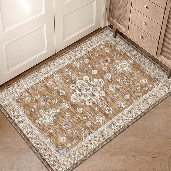 LUMI Indoor Thin Door Mat, 18x30 Washable Small Inside Doormat, Non Slip Low Pile Oriental Floor Carpet, Vintage Distressed Area Rug for Front Door,Entrance,Bedroom, Amber