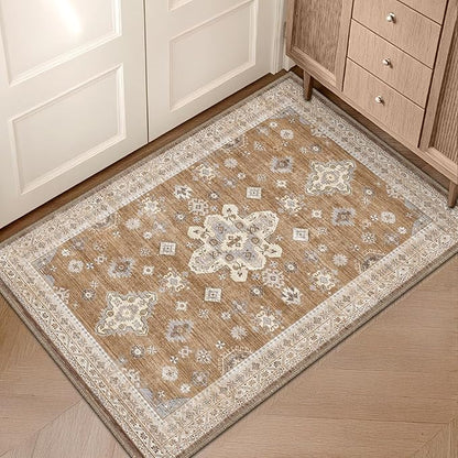 LUMI Indoor Thin Door Mat, 18x30 Washable Small Inside Doormat, Non Slip Low Pile Oriental Floor Carpet, Vintage Distressed Area Rug for Front Door,Entrance,Bedroom, Amber