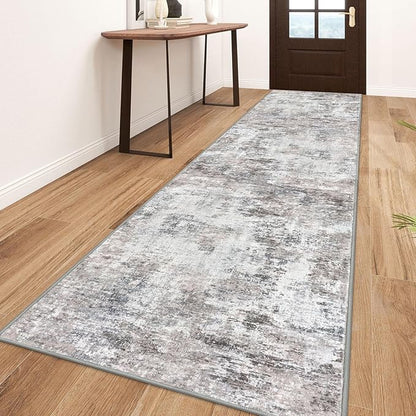 Modern Abstract 3x10 Runner Rug, Beige Grey Neutral Washable Long Kitchen Runner Non-Slip Soft Hallway Rug Runner Thin Print Faux Wool Carpet for Entryway Hall Bedroom