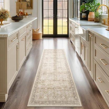 Beige Neutral 2x6 Runner Rug for Hallways Entryway, Vintage Earth Tone Kitchen Bathroom Runner 6ft, Non Slip Washable Low Pile Thin Carpet Runner for Mudroom/Laundry Room/Bedroom Bedside