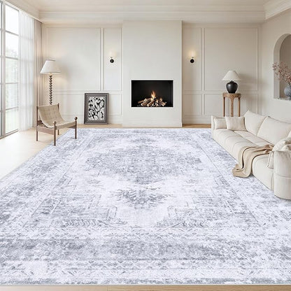 Area Rug 8x10 Living Room Rug, Machine Washable Vintage Distressed Medallion Rug Non-Slip Soft Low Pile Large Indoor Rugs for Bedroom Kitchen Dining Room Office(LightGrey,8'x10')