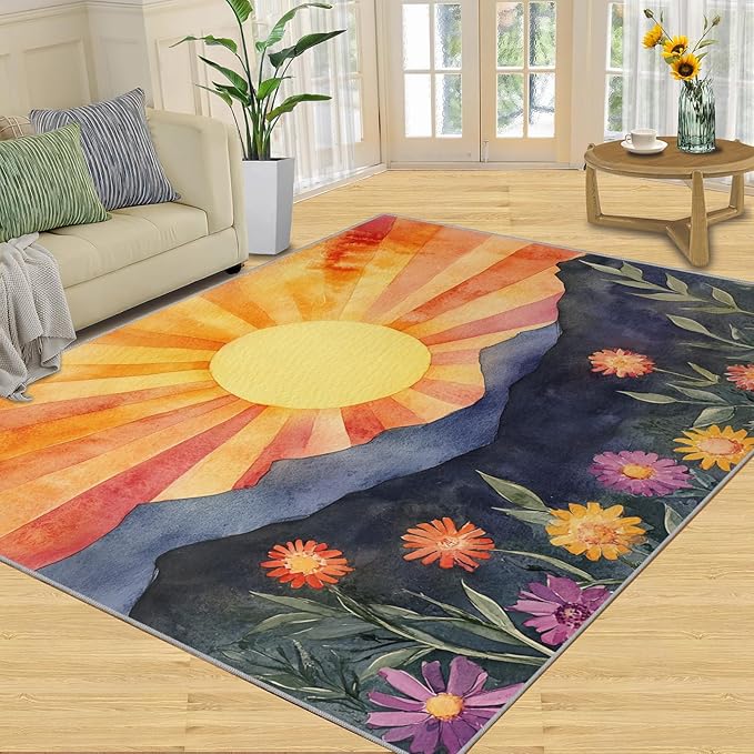 Boho Sun Area Rugs 6x8ft, Radiant Sunburst Living Room Area Rug, Geometric Solar Play Rug with Carpet Tape Double Sided for Bedroom Office Home Decor