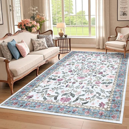 GarveeHome Washable Rug 6 x 9, Low Pile Farmhouse Floral Rug, Non-Shedding Indoor Foldable Printed Carpet Non-Slip Soft Vintage Throw for Bedroom Dining Room Kitchen, Light Blue