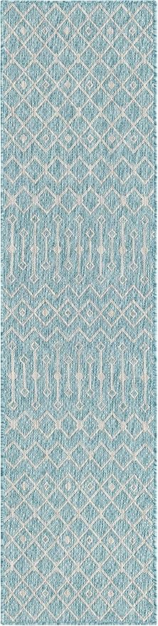 Unique Loom Outdoor Trellis Collection Area Rug - Tribal Trellis (2' x 8' Runner, Aqua/ Ivory)