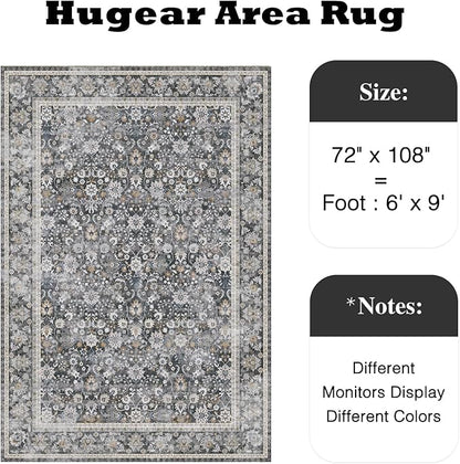 HUGEAR 6x9 Machine Washable Rugs Black Grey Hallway Large Area Rug Indoor Accent Rug Floral Low Pile Carpet Soft Throw Aesthetic Rug Bedroom Living Room Office Dining Room Kitchen Laundry Room