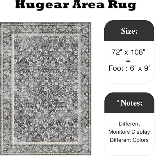 HUGEAR 6x9 Machine Washable Rugs Black Grey Hallway Large Area Rug Indoor Accent Rug Floral Low Pile Carpet Soft Throw Aesthetic Rug Bedroom Living Room Office Dining Room Kitchen Laundry Room