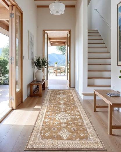 LUMI Runner Rug 3x7, Washable Non-Slip Hallway Throw Rugs, Long Soft Thin Vintage Oriental Kitchen Mats, Low-Pile Indoor Kitchen Entryway Area Rug, Amber