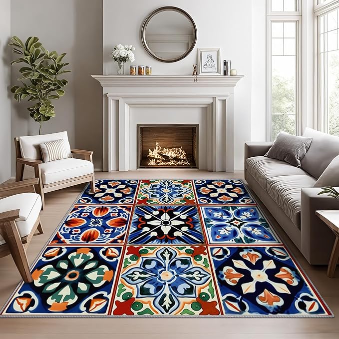 Moroccan Trellis Rugs 8x10 -Moroccan Tile Rug, 5x8 ft, Colorful Trellis Area Rug, Geometric Patchwork Washable Non-Slip Stain Resistant, Oriental Traditional Home Decor & Gifts