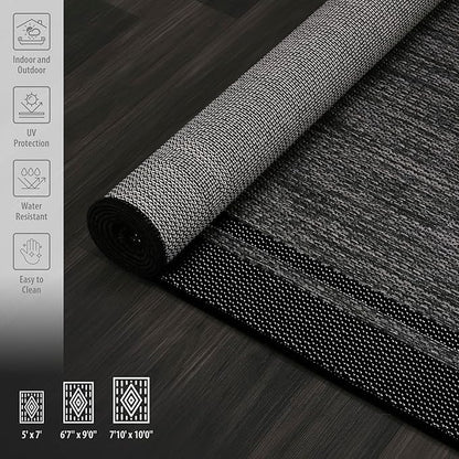 CAMILSON Indoor Outdoor Rug, 6x9 Bordered Dark Grey Black Modern Area Rugs for Indoor and Outdoor Patios, Kitchen and Hallway Mats, Washable Porch Deck Outside Carpet (Bordered Black, 6 x 9)