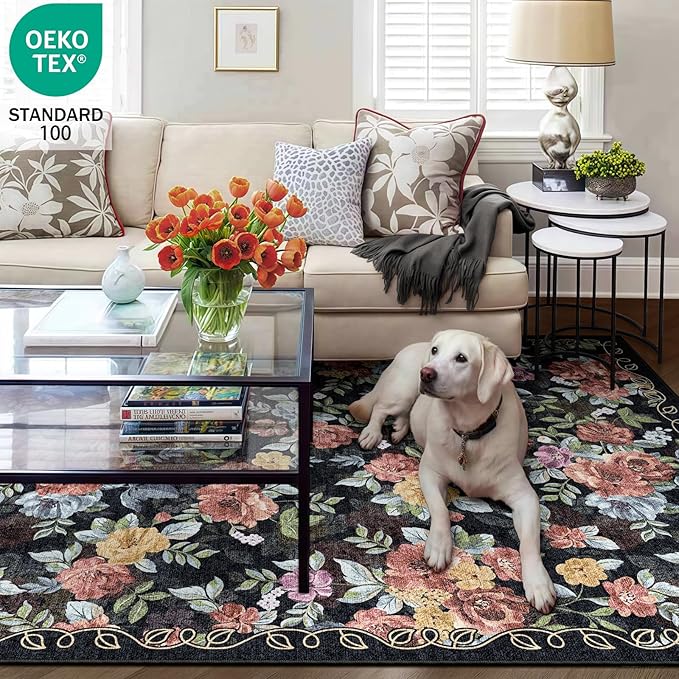 4x6 Machine Washable Area Rug for Living Room, Black Vintage Boho Floral Rug Large Non-Slip Low Pile Soft Faux Wool Carpet, Kids and Pets Friendly for Bedroom Dining Room Farmhouse Home Decor Rug