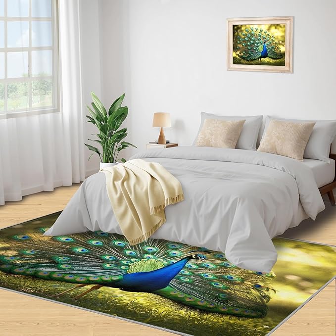 Peacock Rug 5x7-5x7 Rug, Wonderful Peacock Area Rugs for Bedroom, Nature Rugs for Living Room, Modern Style Washable Mat, Aesthetics Carpet - Peafowl Home Decor & Gifts