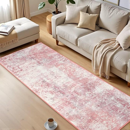 Washable Abstract Runner Rug, 2x6 Modern Area Rugs with Non-Slip Rubber Backed for Kitchen, Thin but Soft Contemporary Carpet Bedroom Entryway Hallway Decor, Pink