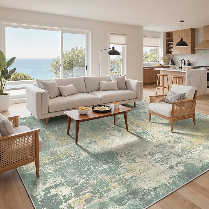 8x10 Area Rugs Washable Green Rug for Living Room Bedroom, Abstract Modern Large Rug Non Slip, Water Repellent Low Pile Soft Carpet for Dining Room, Grey Green