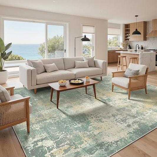 8x10 Area Rugs Washable Green Rug for Living Room Bedroom, Abstract Modern Large Rug Non Slip, Water Repellent Low Pile Soft Carpet for Dining Room, Grey Green