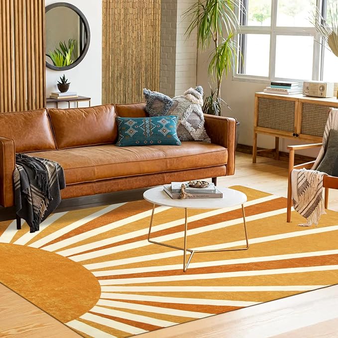 Lahome Boho Area Rug: 4'x6' Machine Washable & Non-Slip with Rainbow Sun Print for Living Room, Bedroom, Nursery, Entryway, Dining Room & Office Decor