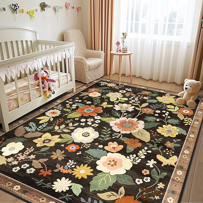 Floral 8x10 Area Rug Machine Washable Soft Print Boho Carpet Non Slip Doormat Low Pile Flower Area Rugs for Living Room Bedroom Nursery Kitchen Dining Room Indoor-Black/Yellow/Red