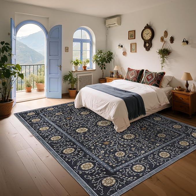 GarveeHome Boho 6x9 Area Rug for Living Room, Floral Vintage Rugs for Bedroom with Soft Low Pile, Non Slip Stain Resistant Botanical Washable Rug 6x9 for Dining Room Blue Carpet for Dorm Office