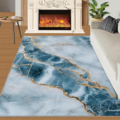 2x4 Abstract Marble Runner Rug for Hallway - Blue-White-Marble Kitchen Mat, Luxury Stone Pattern Kitchen Runner Rug Soft Non Slip Anti Fatigue for Laundry Room Indoor Hallways