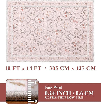 YIHOUSE Pink Floral Print Rugs, Moroccan Trellis 10x14 Washable Large Rug, Modern Pastel Non Slip Ultra-Thin Area Rug for Classroom, Nursery Playroom,Dorm,Bedroom,Living Room, Pink Multi