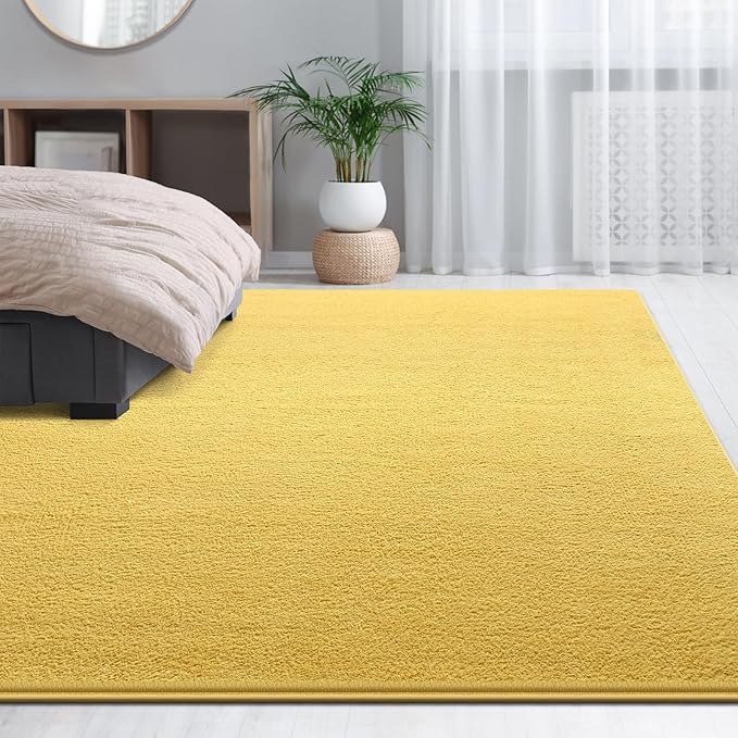 Large Area Rugs for Living Room Bedroom, 4x6 Feet Yellow Rug, Minimalist Modern Shag Rug, Soft Thick Comfy Memory Foam Indoor Carpet, Non-Slip Washable Rug for Boys Girls Dorm Nursery Room Home Decor