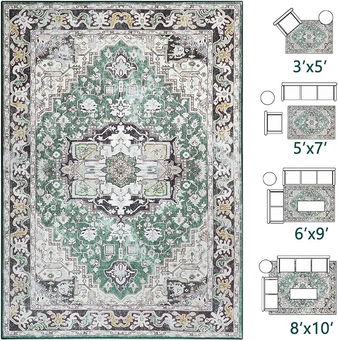 Washable Area Rugs 3x5 , Low Pile Super Soft Carpet, Vitnage Distressed Rug for Bedroom, Living Room, Dining Room, Non-Slip, Low Pile, Green