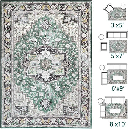 Washable Area Rugs 3x5 , Low Pile Super Soft Carpet, Vitnage Distressed Rug for Bedroom, Living Room, Dining Room, Non-Slip, Low Pile, Green