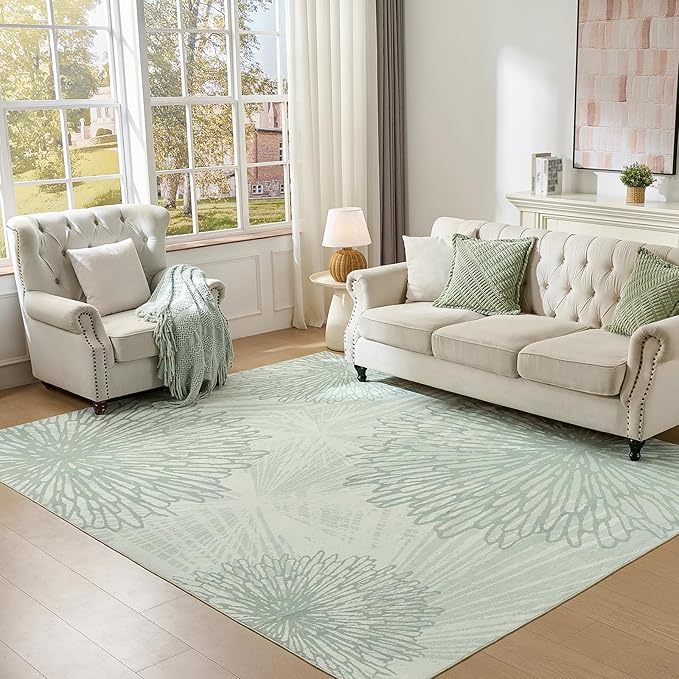 WITSHOCK Living Room Area Rugs 8x10: Boho Light Green Rug for Bedroom Kids Room Neutral Modern Soft Thin Large Carpet Non-Slip Stain Resistant Low Pile Decor,Green/Light Green