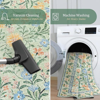 Morebes Boho Washable 6x9 Area Rugs for Living Room, Soft Vintage Floral Girls Bedroom Rug Non Slip, Indoor Floor Carpet for Nursery Kids Playroom Home Office, Green/Multi