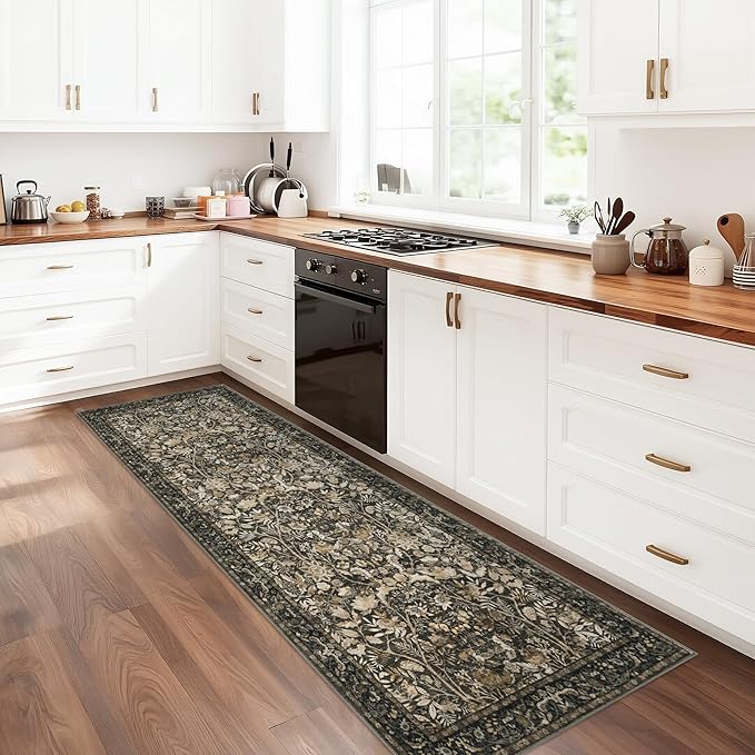 Washable Runner Rug 2x6: Vintage Boho Floral Carpet Runners for Hallway Entryway Non-Slip - Soft Botanical Low Pile Thin Mat for Kitchen Bathroom Bedroom Laundry Floor Decor - Dark Brown