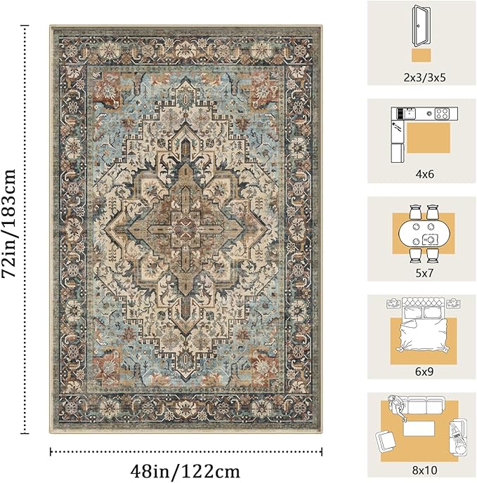 4x6 Machine Washable Area Rug for Living Room, Blue Beige Boho Vintage Floral Rug Large Non-Slip Low Pile Soft Faux Wool Carpet, Kids and Pets Friendly for Bedroom Dining Room Farmhouse Decor Rug