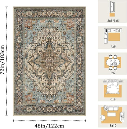 4x6 Machine Washable Area Rug for Living Room, Blue Beige Boho Vintage Floral Rug Large Non-Slip Low Pile Soft Faux Wool Carpet, Kids and Pets Friendly for Bedroom Dining Room Farmhouse Decor Rug