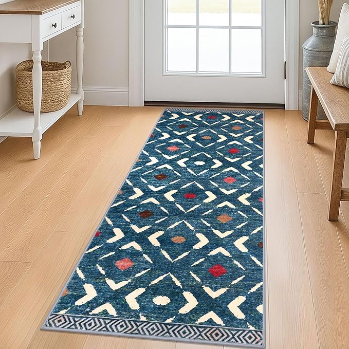 KILOCOCO Kitchen Runner Rug Washable Runner Rug Soft Hallway Runners Non Slip Printed Distressed Laundry Room Rugs, Low-Pile Runners for Entryway/Bedroom/Kitchen/Living Room, 2x5 Teal/Blue