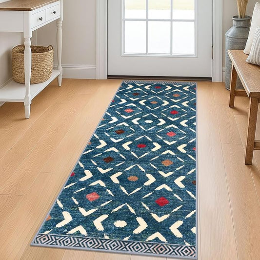 KILOCOCO Kitchen Runner Rug Washable Runner Rug Soft Hallway Runners Non Slip Printed Distressed Laundry Room Rugs, Low-Pile Runners for Entryway/Bedroom/Kitchen/Living Room, 2x5 Teal/Blue