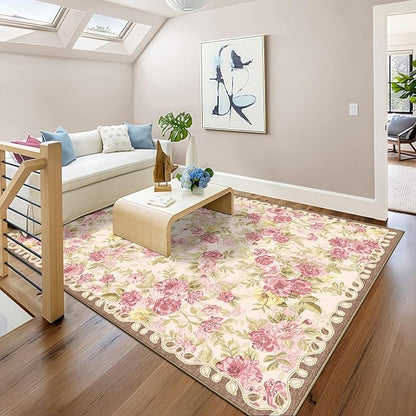 5x8 Machine Washable Area Rug for Living Room, Pink Vintage Boho Floral Rug Large Non-Slip Low Pile Soft Faux Wool Carpet, Kids and Pets Friendly for Bedroom Dining Room Farmhouse Home Decor Rug