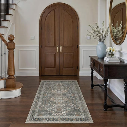 Bavni 3x5 Area Rug for Living Room Bedroom, Washable Boho Print Vintage Aesthetic Rug, Ultra-Thin Low Pile Rugs for Entryway Playroom with Non Slip Backing, Grey