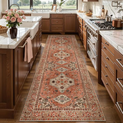 Tangsoo Boho 3x8 Runner Rug for Hallway Long Washable Hallway Runner Rugs, Non Slip Vintage Soft Low Pile Rug Runner, Oriental Terracotta 8ft Carpet Runners for Kitchen Bedroom Entryway Living Room