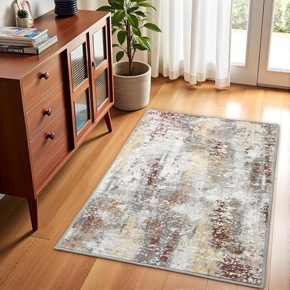 Washable Abstract Rug, 2x3 Small Modern Area Rugs with Non-Slip Rubber Backed for Kitchen, Thin but Soft Throw Carpet Bedroom Entryway Front Door Decor, Rusty Brown