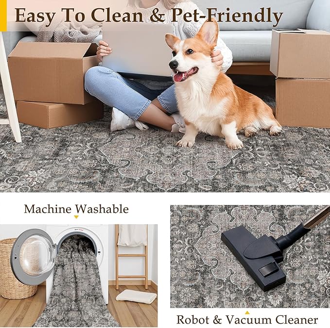 9x12 Vintage Area Rug Black Grey Living Room Bedroom Washable Carpet Non-Slip Soft Low Pile Distressed Indoor Large Throw Rug for Dining Room Office