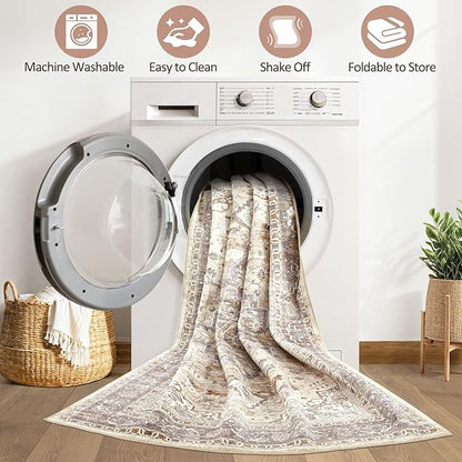 Runner Rug Kitchen Washable Rugs: 2x6 Non-Slip Boho Soft Vintage Stain Resistant Indoor Floor Neutral Farmhouse Throw Carpet for Hallway Bathroom Laundry Room Entryway Bedroom- Brown
