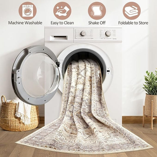 Runner Rug Kitchen Washable Rugs: 2x6 Non-Slip Boho Soft Vintage Stain Resistant Indoor Floor Neutral Farmhouse Throw Carpet for Hallway Bathroom Laundry Room Entryway Bedroom- Brown
