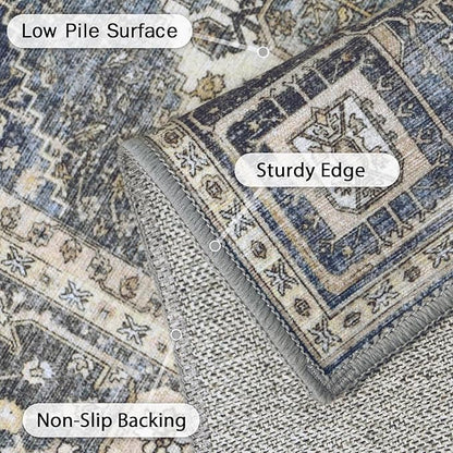 GENIMO 8x10 Area Rugs for Living Room, Machine Washable Non Slip Vintage Rugs, Low Pile Lightweight Chenille Print Rug for Bedroom, Dining Room, Home Office, Navy/Cream